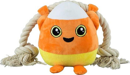 Native Pup Dog Toy Rope and Plush Stuffed Squeaker, Tug of War Toys for Dogs, Puppy Welcome Home Add on for Pets (Candy Corn)