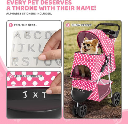 Magshion 3-Wheel Pet Stroller, Foldable Travel Jogger for Small & Medium Dogs & Cats (Up to 33lbs), Lightweight Carrier with Breathable Mesh Cover, Cup Holder & Storage Basket, Hot Pink Polka Dots