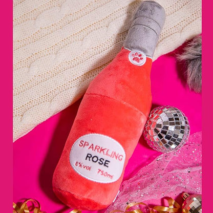 Glow Pups Rose Puppy Toy, Wine Dog Toy with Squeaker, Fun Alcohol Parody Plush Toy for Dogs, Ultra-Soft Microfiber, Interactive Play, Pink
