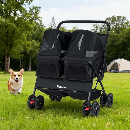 PETSITE Double Pet Stroller, Foldable Double Dog Stroller with 2-Seater Carrier, Adjustable Sunshade, Removable Pad, Safety Belt, Storage Basket, 4-Wheel Pet Travel Cart for 2 Puppies & Cats (Black)