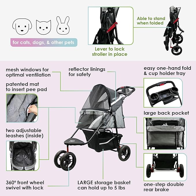 Petique Revolutionary Durable Pet Stroller, Easy Fold, Quality mesh Windows, Large Storage Basket, Secure Cup Holder Tray, Small/Medium Dogs, Cats and Pets, Supports up to 55LBS - Galaxy (Gray)