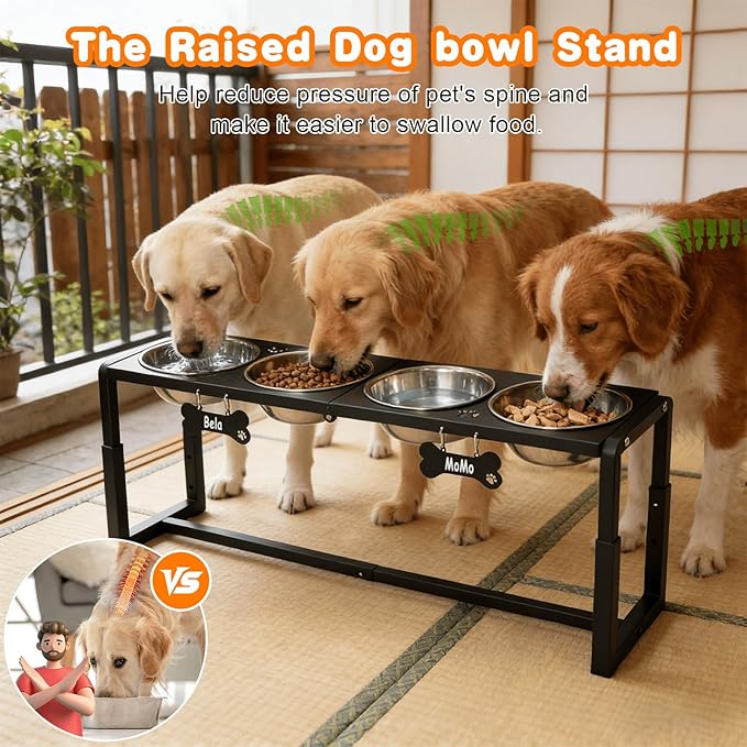 Metal Elevated Dog Bowls for Medium/Large Breed, 3 Adjustable Height(8.8"/11.5"/14") Raised Dog Bowls Stand with Four 58oz Stainless Steel Bowls, for Neck & Joint Protection