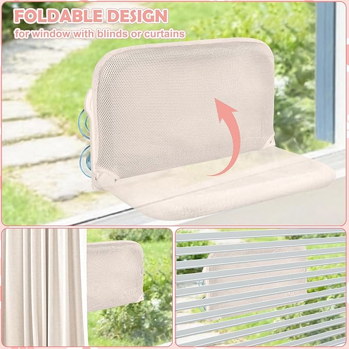 2 Pack Cat Window Perch,Cat Window Hammock Cordless Foldable Window Bed with 4 Large Strong Suction Cup,Reversible Cushion Cover,Metal Frame Easy to Adjust Window Seat Holds up to 40lbs(Beige
