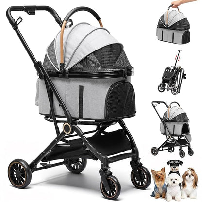 GTPLAYER 3 in 1 Pet Stroller with Removable Carrier, Foldable Stroller for Small/Medium Dogs and Cats, All-Terrain, with Sun Shades, Car Seat, Up to 45 lbs, Grey