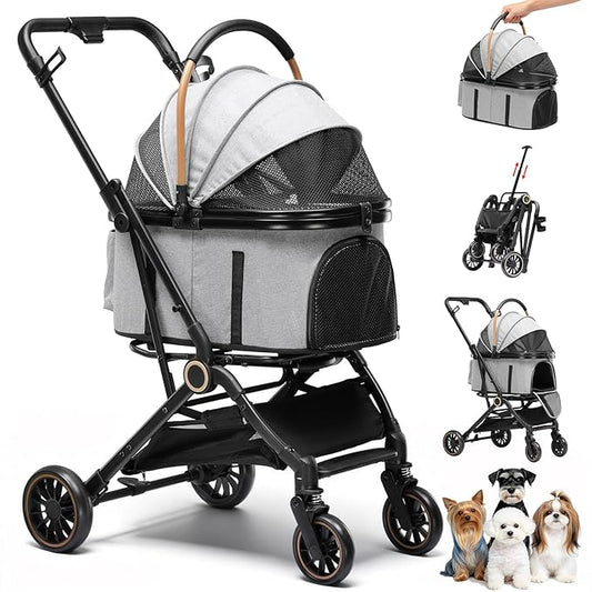 GTPLAYER 3 in 1 Pet Stroller with Removable Carrier, Foldable Stroller for Small/Medium Dogs and Cats, All-Terrain, with Sun Shades, Car Seat, Up to 45 lbs, Grey