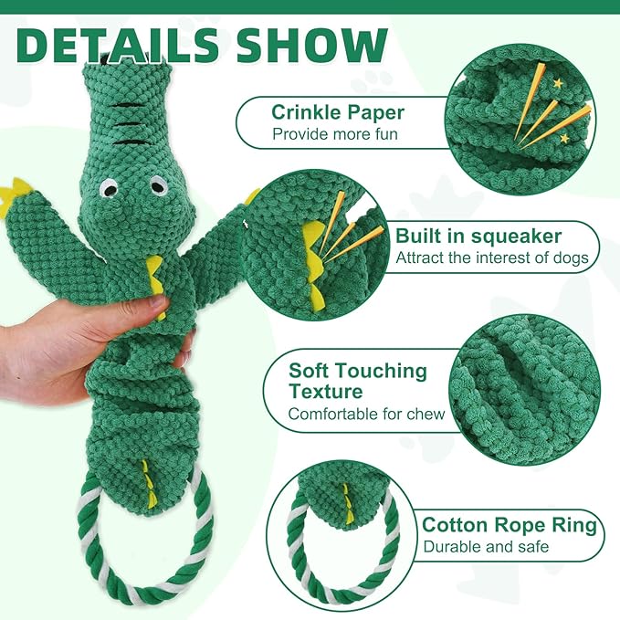 KOOLTAIL Alligator Dog Toys, Tough Plush Dog Chew & Squeaky Toys with Crinkle Paper, Interactive Training & Tug of War Puppy Teething Toy for Indoor Outdoor Play, Pet Toy for Small Medium Large Dogs