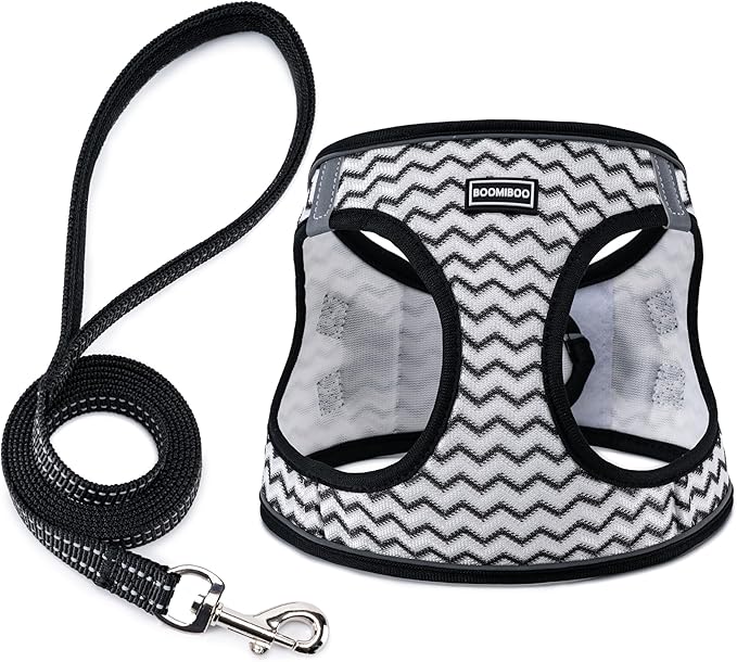 BOOMIBOO Dog Harness with Leash Set, No Pull Adjustable Reflective Step-in Puppy Pet Vest Harnesses for Small Medium Large Dogs and Cats,White Stripe L