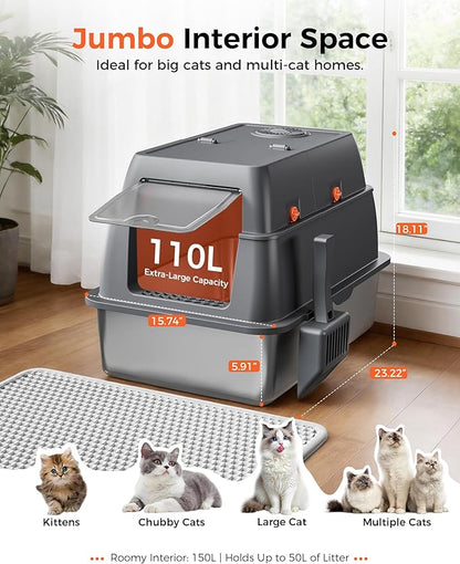 GTPLAYER XXL Stainless Steel Cat Litter Box with Lid, High Sided Enclosed Cat Litter Box, Activated Carbon Odor Control, Extra Large Metal Litter Box, Anti-Leak, with Mat & Scoop, Grey 2 Pack
