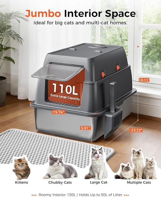 GTPLAYER XXL Stainless Steel Cat Litter Box with Lid, High Sided Enclosed Cat Litter Box, Activated Carbon Odor Control, Extra Large Metal Litter Box, Anti-Leak, with Mat & Scoop, Grey 2 Pack
