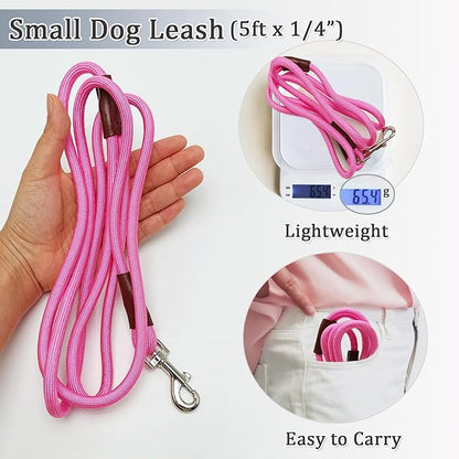 WYuZe 5ft Puppy Leash for Small Dogs, 1/4" Pink Rope Dog Leash with Easy to Use Hook, Lightweight Cat Leashes for Chihuahua/Yorkie/Tiny Breed, 10+ Colors