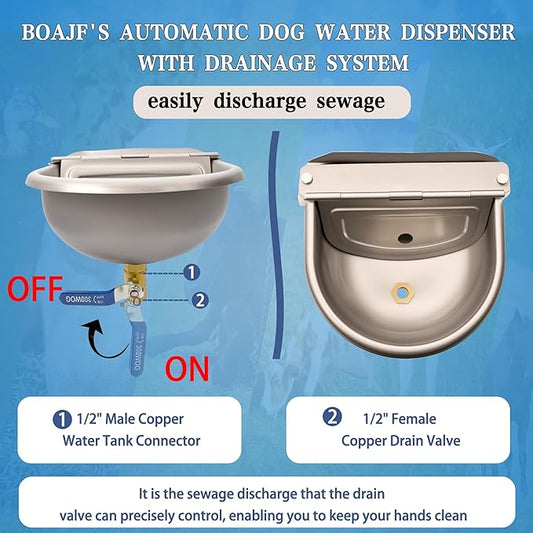 Automatic Dog Water Dispenser with Drain Hole & Drain Valve, Stainless Steel Auto Dog Water Bowl with 2 Float Valves, Hose Quick Connect Fitting, for Livestock, Chicken, Horse (1 Gallon)