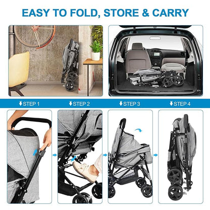 Lightweight Dog Stroller with Reversible Handle for Medium Small Dogs and Cats, Foldable Pet Stroller Travel Carriage with Large Storage Basket, 4 Wheels, Linen Gray