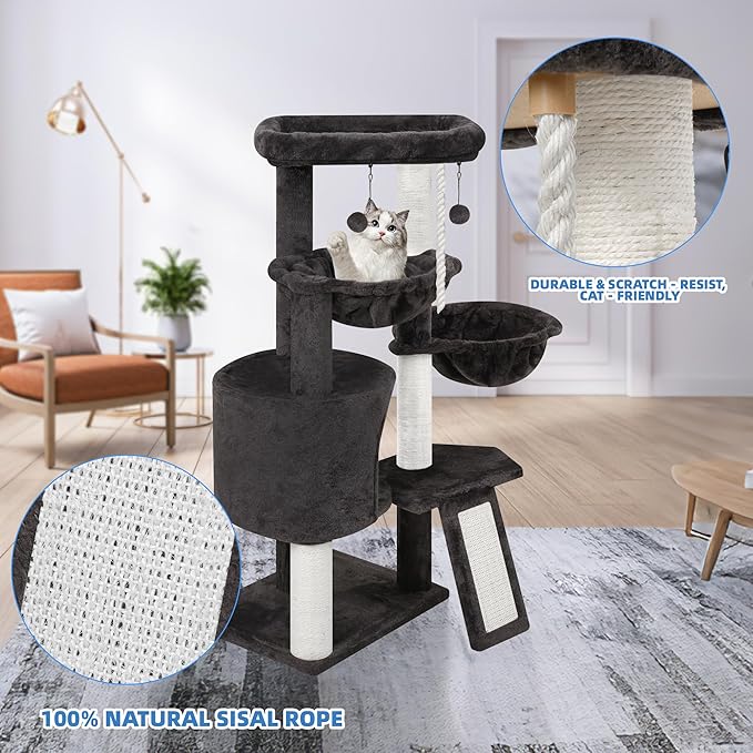 Xin Three Layer Cat Tree with Cat Condo and Two Hammocks,Darkgray …