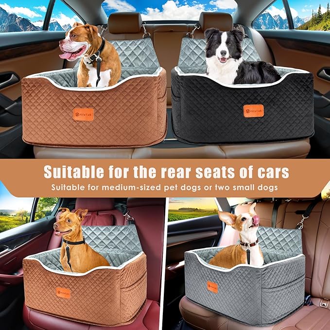 AlfaTok Memory Foam Booster Dog Car Seat for Medium Dogs (Under 45LBS): Elevated, Detachable Washable, Anti-Slip, for Car Back Seat, Travel Pet Bed with Seat Belt