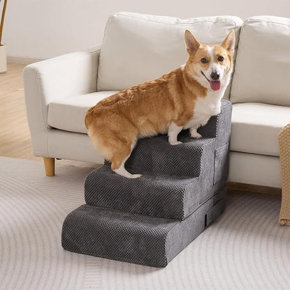 Dog Stairs for Small Dogs, 4-Step Dog Steps for Bed & Couch, High-Density Foam Pet Stairs, Non-Slip Indoor Pet Ramp, Washable Cover, Fits Beds up to 18.1", Grey