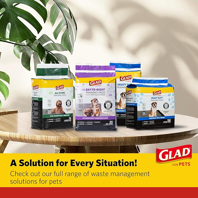 Glad for Pets Day to Night Activated Carbon Puppy Training Pads, Odor Control Disposable Dog Pads with Adhesive and Wall Protection, Leak Proof and Super Absorbent, 30 x 36 Inch, 24 Count