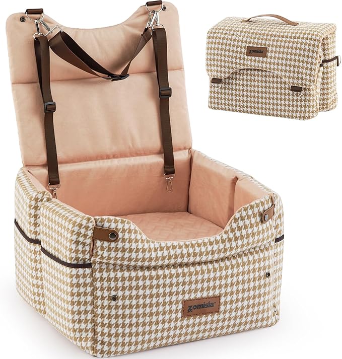 ZOMISIA Elevated Dog Car Seat for Medium Dogs, 3 Adjustable Heights with 2 Egg Crate Foam Boosters 4"+2", Dual-Sided Cooling&Plush Waterproof Cover, 2 Safety Leashes & Buckles, Houndstooth