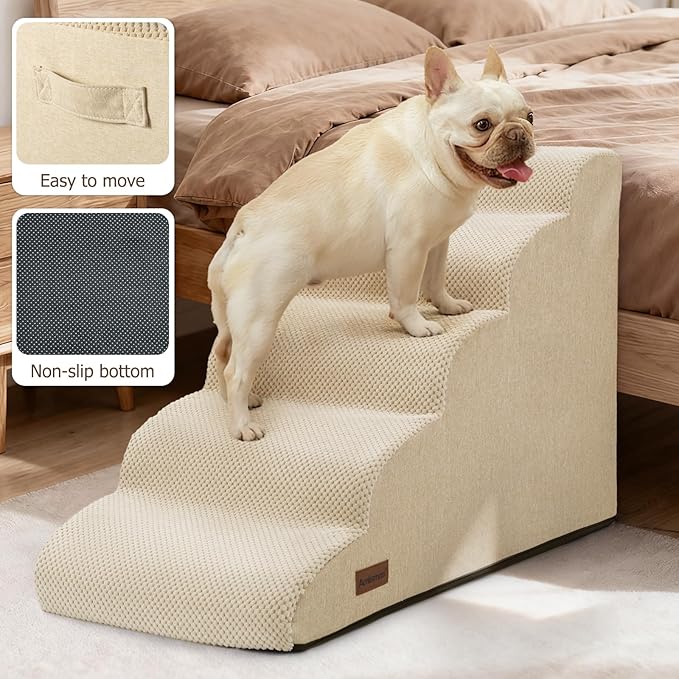 Dog Stairs for Bed 22.4”H,5-Step Dog Ramp for Small Dogs & Cats,Pet Steps for Dogs to get on High Bed, Indoor Anti-Slip Pet Stairs for Old Cats and Puppy,Beige
