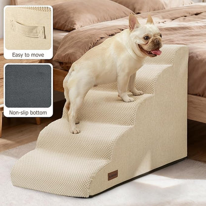 Dog Stairs for Bed 22.4”H,5-Step Dog Ramp for Small Dogs & Cats,Pet Steps for Dogs to get on High Bed, Indoor Anti-Slip Pet Stairs for Old Cats and Puppy,Beige