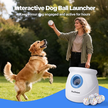 Pet Prime Upgraded Automatic Ball Launcher for Large Dogs,Rechargeable Dog Ball Thrower for Outdoor Exercise & Interactive Play,Adjustable 10-64ft Thrower with 6PCS 2.5" ETPU Balls,1 Dog Whistle