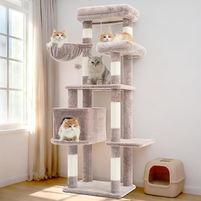 Cat Tree for Indoor Cats, 55.1 inch Cat Tower with 7 Sisal Scratching Posts, Multi-Level Cat Condo wit Large Play Platform Furry Ball, Cat Cave, 2 Padded Perches, Basket, Mushroom GCT013MU