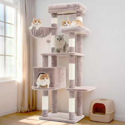 Cat Tree for Indoor Cats, 55.1 inch Cat Tower with 7 Sisal Scratching Posts, Multi-Level Cat Condo wit Large Play Platform Furry Ball, Cat Cave, 2 Padded Perches, Basket, Mushroom GCT013MU