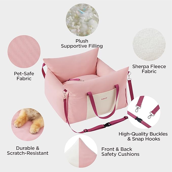 Lesure Small Dog Car Seat for Small Dogs - Soft Dog Booster Seat for Car with Storage Pocket and Clip-On Safety Leash and Thickened Memory Foam Filling, Pet Travel Carrier Bed Strawberry Cream