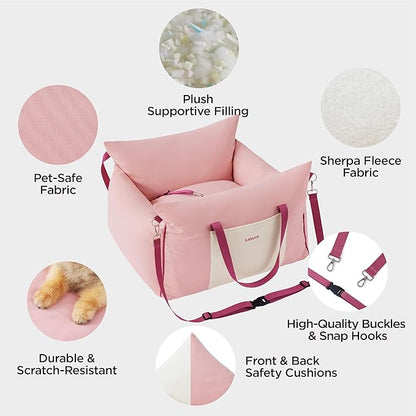 Lesure Small Dog Car Seat for Small Dogs - Soft Dog Booster Seat for Car with Storage Pocket and Clip-On Safety Leash and Thickened Memory Foam Filling, Pet Travel Carrier Bed Strawberry Cream