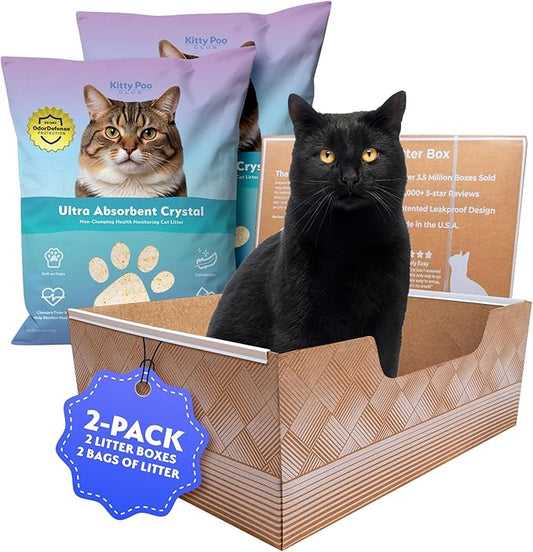 Kitty Poo Club Health Indicating Cat Litter 2-Bag Non-Clumping Lightweight with Disposable 2-Pack Cat Litter Box | Super Absorbent Odor Control — Perfect for Daily Use
