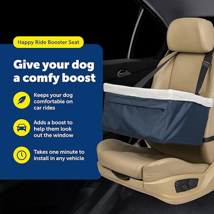 PetSafe Happy Ride Booster Seat for Dogs - Open Road Comfort - Safe Tether System - Zipper Pouch Dog Seat - Machine Washable Fleece Liner - Easy Install Design - Navy - Up to 25 lb