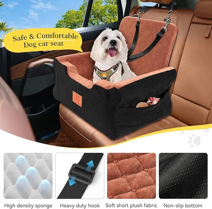 NEEZUKAR Dog Car Seats for Small/Medium Dogs, Elevated Memory Foam Dog Booster Seat, Detachable Washable Pet Car Seat with Safety Belts & Storage Pockets (Black-Brown)