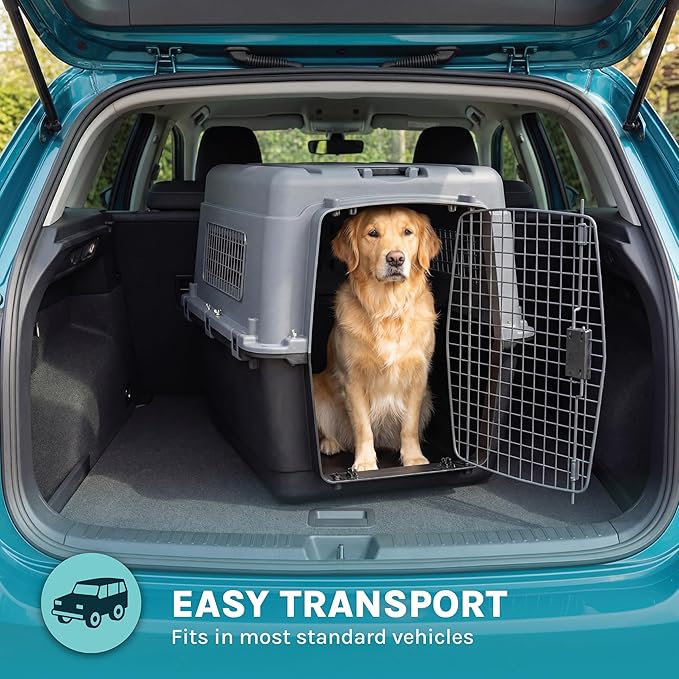 SportPet Airline Compliant X-LARGE 32.25" Travel Dog Kennel-Durable Plastic Airline Pet Carrier w/Removable Wheels & Food Bowls, Collapsible Indoor/Outdoor Dog Kennel, Dogs up to 32"L & 23"H-Dark Gray