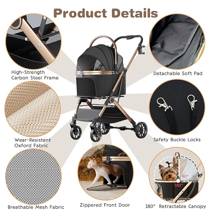 4 Wheels Pet Stroller for Small Medium Dogs Cats Up to 45 lbs Folding Dog Stroller with Detachable Breathable Carrier Suitable for Car Seat, Hand Carry & Travel, All Terrain, 3 in 1 Multifunctional