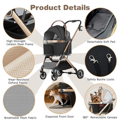 4 Wheels Pet Stroller for Small Medium Dogs Cats Up to 45 lbs Folding Dog Stroller with Detachable Breathable Carrier Suitable for Car Seat, Hand Carry & Travel, All Terrain, 3 in 1 Multifunctional