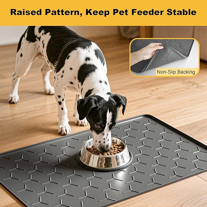Pieviev 34''x22'' Dog Cat Food Bowl Mat, Silicone Waterproof Food Grade Pet Food Mat for Floor, High Raised Edge to Prevent Spills, Non-Slip & Easy Clean Pet Placemat for Dog & Cat Bowls, Dark Gray