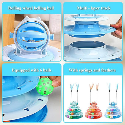 Vealind Cat Toy Roller 4-Level Turntable Cat Toys Balls with 14 Pcs Colorful Pom Pom Balls Interactive Fun Mental Physical Exercise Puzzle Kitten Toys (Blue)