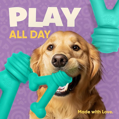 Yomp FunnyBone MAX: All-Natural Rubber Dog Toy, Nontoxic, Safe for Pet Play, Teal Colored, Dishwasher Safe, Freezer Safe for Teething Relief, Fun Dog Bone Toy