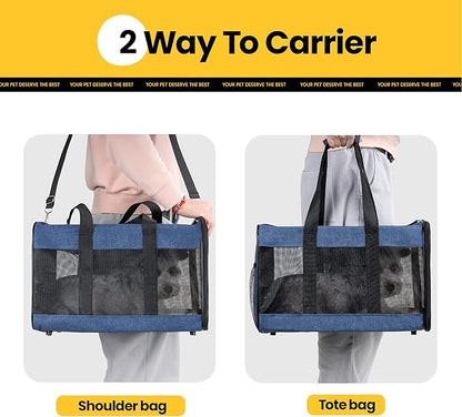 Cat Carrier Airline Approved, Soft-Sided Dog Carrier with Inner Safety Leash, Pet Transport Carrier for Small-Medium Cats Puppies up to 15 Lbs, Collapsible Travel Kitten Carrier Bag -Blue M