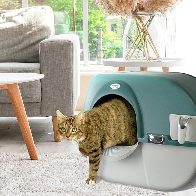 Omega Paw Premium Roll 'N Clean Self Cleaning Litter Box with Integrated Litter Step and Unique Sifting Grill, Regular Size, Forest Green