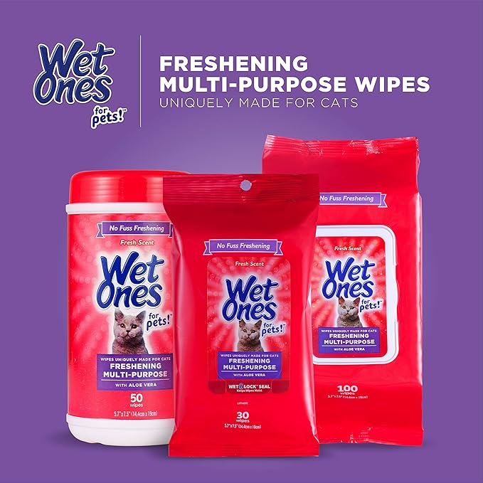 Wet Ones for Pets Freshening Multipurpose Wipes for Cats with Aloe Vera, Fresh Scent - Easy to Use Cat Cleaning Wipes for Pet Grooming, 100 Count - 12 Pack