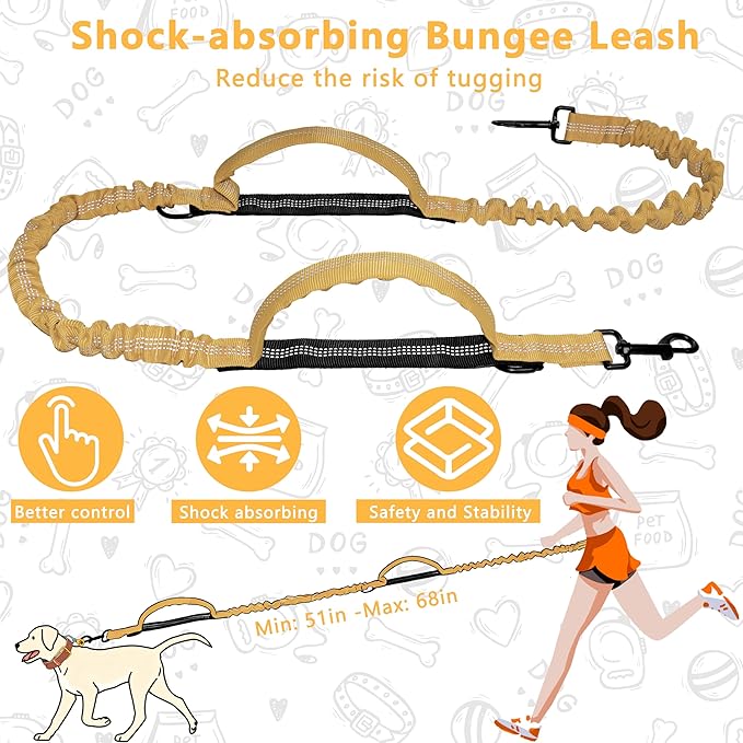 Hands Free Dog Leash with Zipper Pouch, Running Waist Leash for Dog Walking, Adjustable Waist Belt for Large Dogs, Reflective Bungee Design with Two Handle for Hiking, Training, Yellow