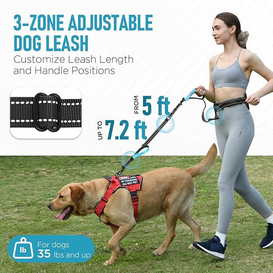 Hands Free Large Dog Leash, 6-8 FT Bungee Leash with Waist Belt for Dog Up to 150 lbs, Running Walking Jogging