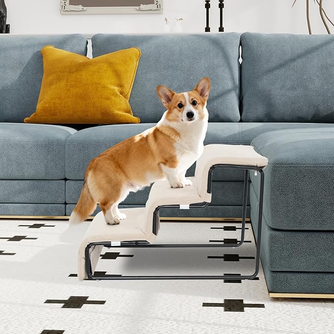 Stairs for Dogs to get on Bed 3-Step Pet Ramp for High Beds Sponge Dog Ramp Non-Slip Washable Cover The Sturdy Iron Frame with Anti-Slip Points Ideal for Small Dogs Cats Senior Pets with Joint Issues