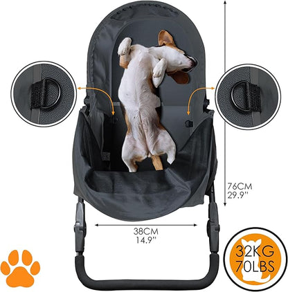 COOPER dog & pet robust buggy, jogger holds up to 32 kg / 70lbs, easy fold, multi-height adjustable soft touch handle, reflective accents, mesh inserts, zippered exits, storage basket below