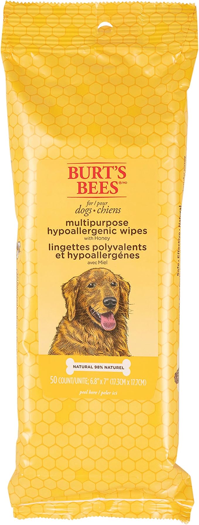 Burt's Bees for Pets Honey Multipurpose Dog Grooming Wipes, Gentle Hypoallergenic Spot Cleaning Sheets, pH Balanced Natural Origin Formula for Paws, Face and Butt, 50 Count - 2 Pack