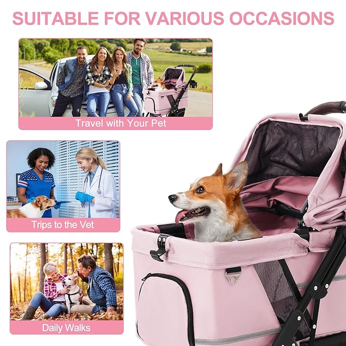 NO-Zip Pet Stroller for Small Dogs & Cats, Lightweight Dog Stroller with Reflective Safety Strips, One-Hand Fold, Claw-Proof Mesh, Breathable Travel Carriage, 33lbs Capacity, Pink