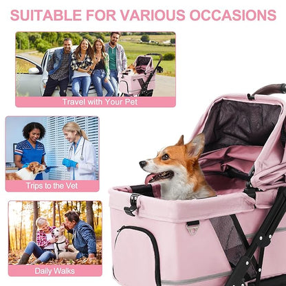 NO-Zip Pet Stroller for Small Dogs & Cats, Lightweight Dog Stroller with Reflective Safety Strips, One-Hand Fold, Claw-Proof Mesh, Breathable Travel Carriage, 33lbs Capacity, Pink
