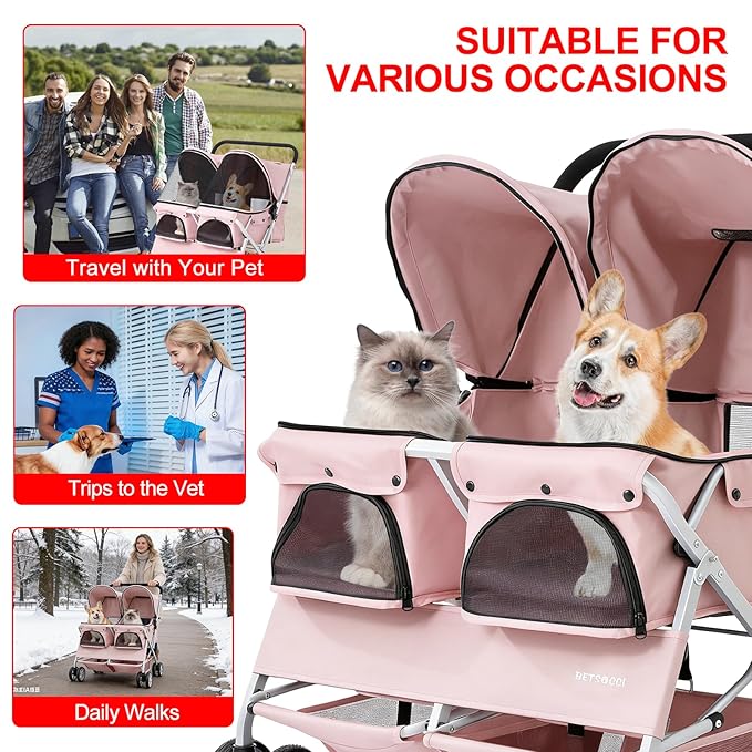 Double Pet Stroller for 2 Small Dogs & Cats, Side-by-Side Twin Travel Carriage with Safety Leashes, Mesh Windows & Double Storage Baskets, Lightweight & Foldable, 44lbs Capacity, Pink