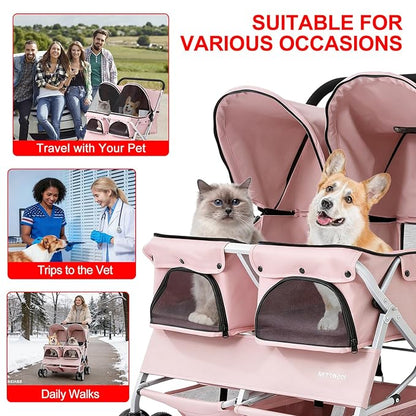 Double Pet Stroller for 2 Small Dogs & Cats, Side-by-Side Twin Travel Carriage with Safety Leashes, Mesh Windows & Double Storage Baskets, Lightweight & Foldable, 44lbs Capacity, Pink