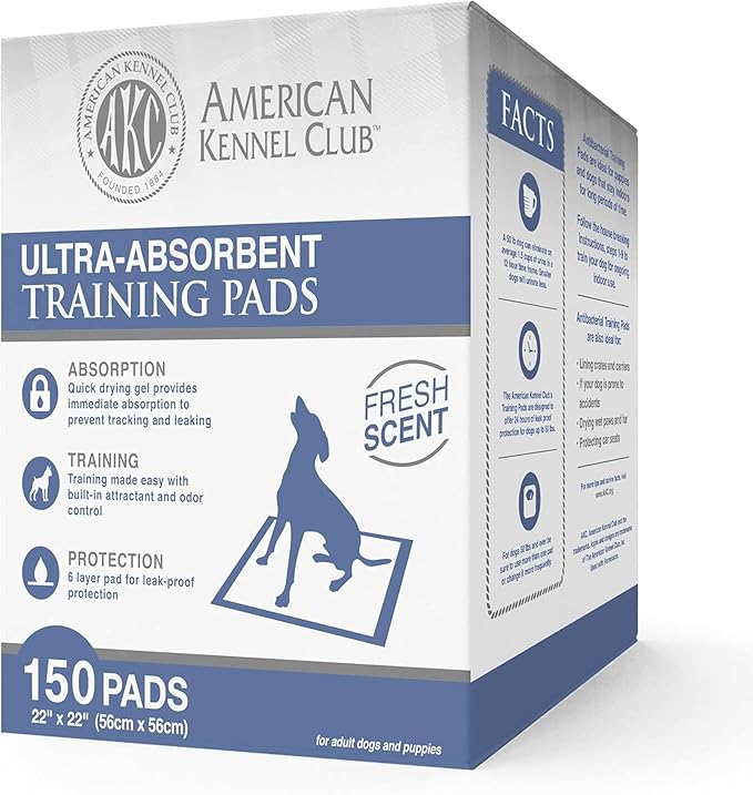 American Kennel Club Ultra Absorbent Odor Control Scented Training Pads For Dogs Leak-proof Quick Dry Gel – 22 x 22 Puppy Pads - Fresh Scented - Pack of 150